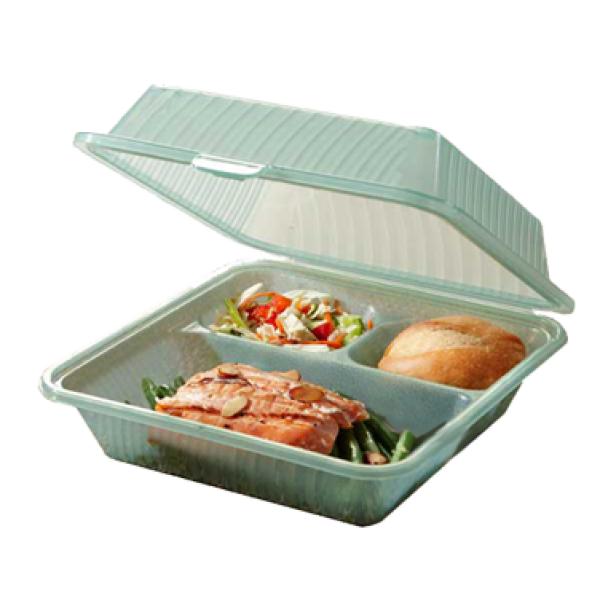 3 Compartment Jade Polypropylene Eco-Takeout Container 9"L x 9"W x 3 G.E.T 