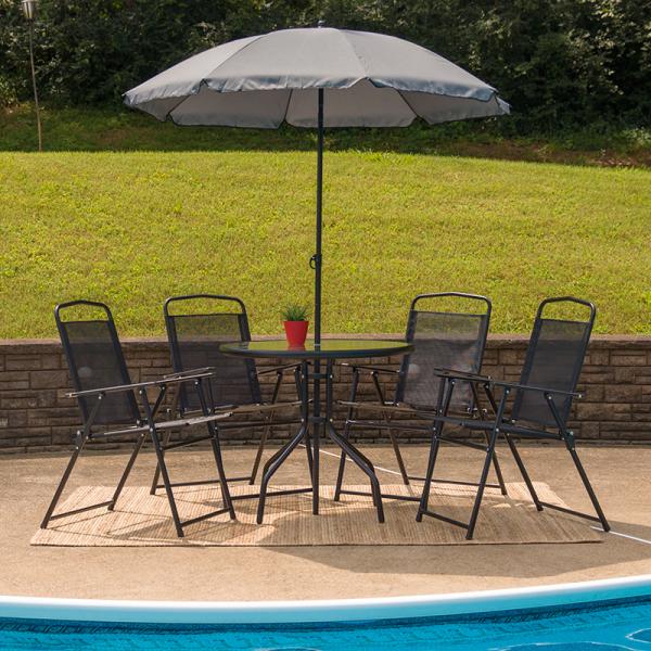 Umbrella and 4 Folding Chairs Nantucket 6 Piece Patio Garden Set with Table 