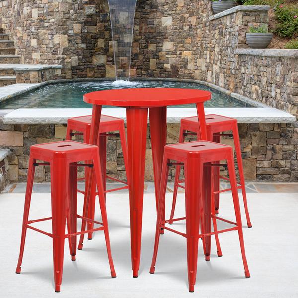 30 Round Red Metal Indoor Outdoor Bar, Outdoor Bar Table Set For 4